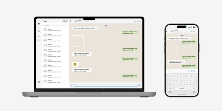 Vector notebook computer and smartphone with messenger application on the screen. Messenger conversation mockup. Messager and SMS UI template and communication in social media network. Vector.