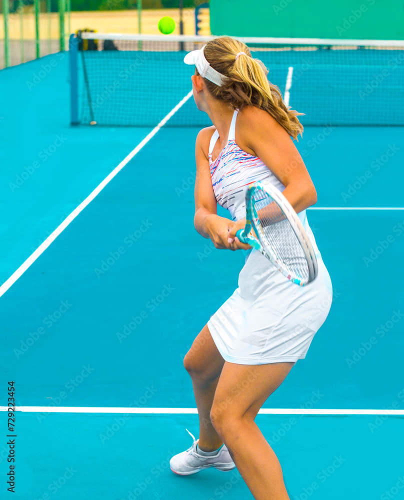 Wall mural A girl plays tennis on a court with a hard blue surface on a summer sunny day	