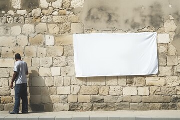man standing beside a stone wall with an empty banner