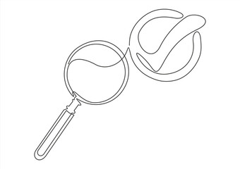 magnifying glass with check mark. Magnifier, checkmark icon. Quality check, inspection, verification concepts.Continuous one line. 