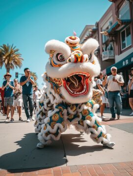 Photo of a lion dance in the street