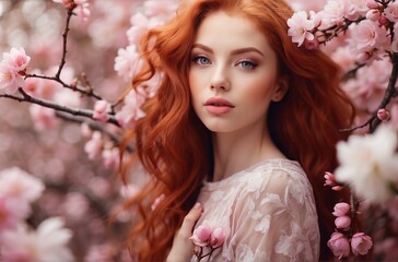 Obraz na płótnie Canvas Young beautiful redhaired model on floral pastel background. Concept of modeling business, international women's day. AI generated