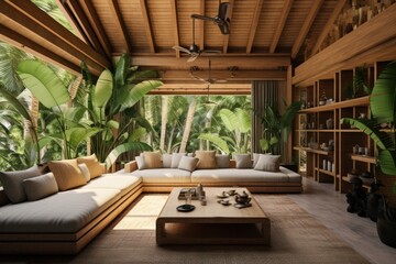 green eco interior of lodge hotel with tropical plants in the jungle built with bamboo material and...