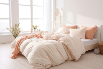Fototapeta na wymiar scandinavian bedroom interior with pastel peach bedding and white walls in the morning. Cozy home apartment. 