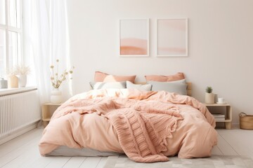 scandinavian bedroom interior with pastel peach bedding and white walls with abstract art above bed. Cozy home apartment. 