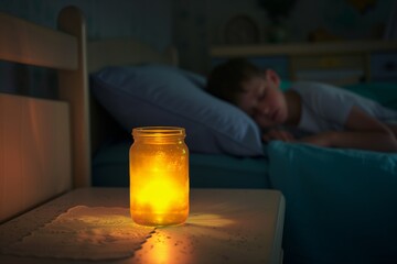 jar on a bedside table casting a glow, kid asleep in the background