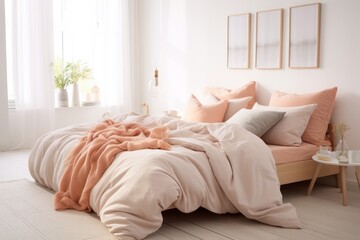 scandinavian bedroom interior with pastel peach bedding and white walls with abstract art above...