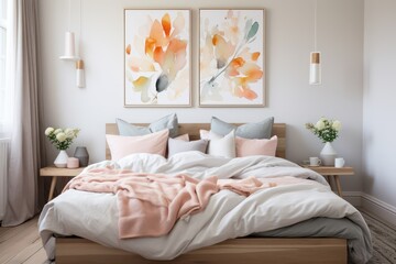scandinavian bedroom interior with pastel peach bedding and white walls with abstract art two frames above bed. Cozy home apartment. 