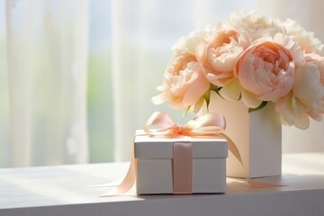 valentines day romantic gift box near window with peony  flowers bouquet in pastel peach pink color. Anniversary, mothers day surprise to express love and attention.