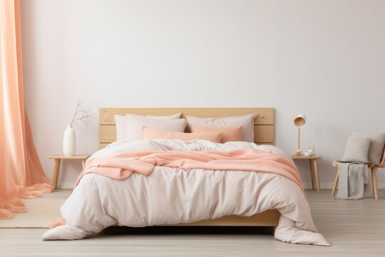 scandinavian bedroom interior with pastel peach bedding and white walls. Cozy home apartment. 