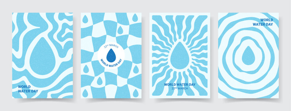 Set of posters for world water day. Vector illustration with flyers for decoration world water day. Concept of retro posters with trendy groovy patterns. Flyers for social media, cover, branding.