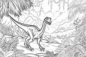 Sinosauropteryx Dinosaur Black White Linear Doodles Line Art Coloring Page, Kids Coloring Book