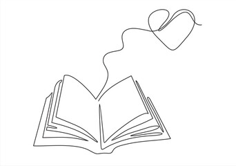 Love reading. Open book with heart shape from pages. Continuous line drawing. Education concept.
