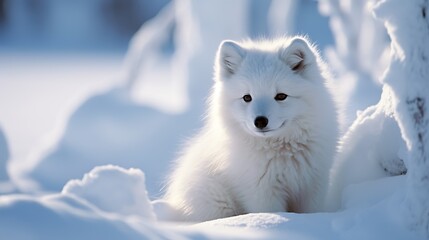Beautiful white fluffy arctic fox sitting on the snow in winter forest - Powered by Adobe