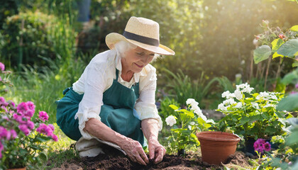 senior person planting flowers in garden