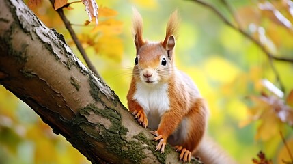 Red squirrel sitting on a tree branch in the autumn forest.