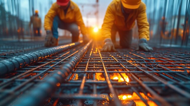 stock photography, construction two workers using tmt steel bar with ease at the construction site