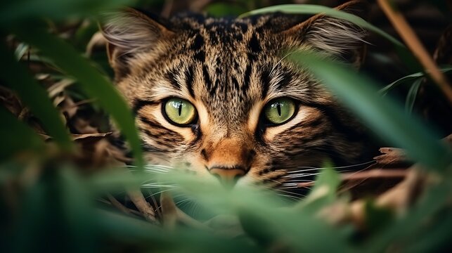 Close-up portrait of a cat with green eyes in the grass