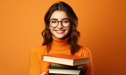 a beautiful girl looking at the camera and holding books on an orange background
