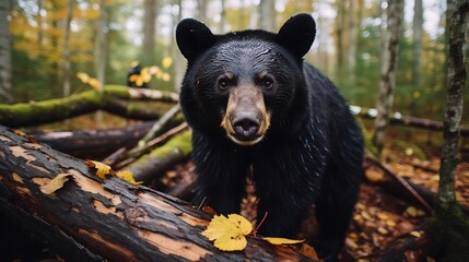 Black bear in the autumn forest. Wild animal in the nature.