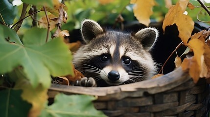 Raccoon in a wicker basket on a background of autumn leaves - obrazy, fototapety, plakaty