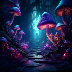 Fototapeta na wymiar Surreal Underworld Scene with Neon Mushrooms