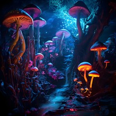 Surreal Underworld Scene with Neon Mushrooms