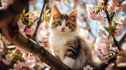 Cute little kitten sitting on a blooming tree in spring. - obrazy, fototapety, plakaty