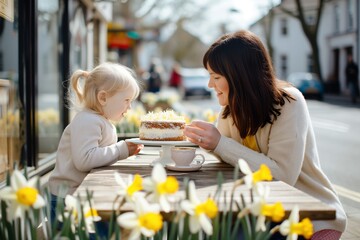 mother and child sharing a cake at a street cafe with daffodils