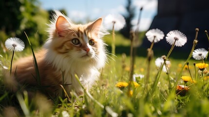 Naklejka na ściany i meble Cute ginger cat sitting on the grass with dandelions.
