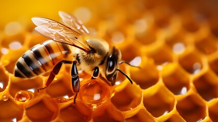 Close up view of the working bees on honeycells. Macro photography of bees on honeycells.