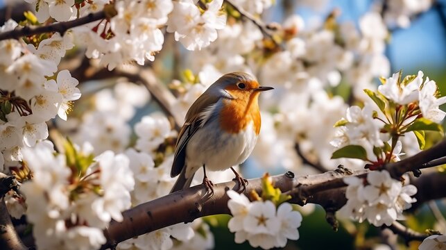 Robin bird on a branch of cherry blossom tree in spring time