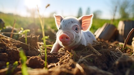 Cute little piglet lying on the ground in the sun.