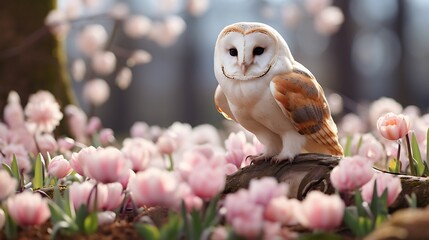Beautiful barn owl sitting on a branch among pink tulips.