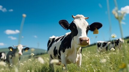 Cows grazing in a meadow on a sunny summer day.