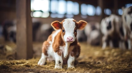 Cute little calf in the barn, close-up, selective focus