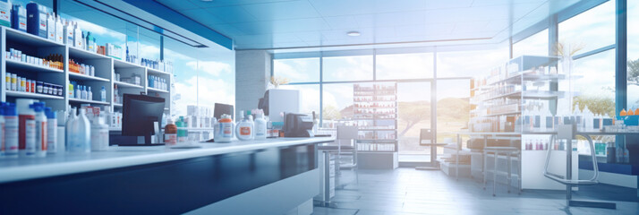 A pharmacy store. Pharmacist and medicine concept. Blurred background.