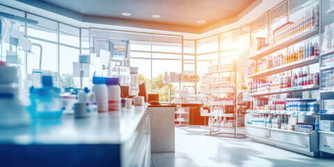Fototapeta premium A pharmacy store. Pharmacist and medicine concept. Blurred background.