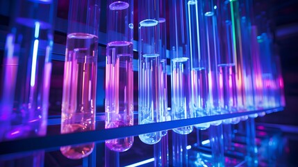 A wide-angle shot that captures an array of test tubes aligned in a sleek, metallic holder, highlighting the futuristic lab equipment and ambient lighting