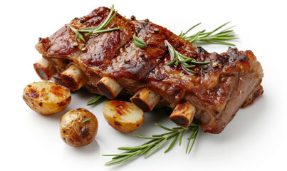 Roast lamb ribs with golden potatoes, garnished with fresh rosemary, view at an angle of 45 degrees, on a white background, food photography. Easter celebration concept and festive dishes
