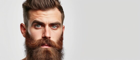Handsome well groomed bearded man on white background, space for text.  Beard style for men, beard care grooming. Barbershop banner template. Male cosmetology and beard health concept