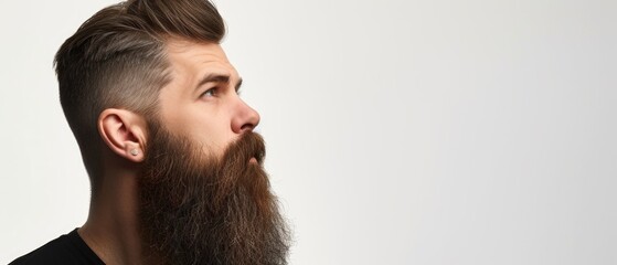 Fototapeta premium Handsome well groomed bearded man on white background, space for text. Beard style for men, beard care grooming. Barbershop banner template. Male cosmetology and beard health concept
