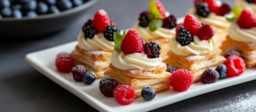 Puff pastry dessert filled with vanilla cream and fruits.