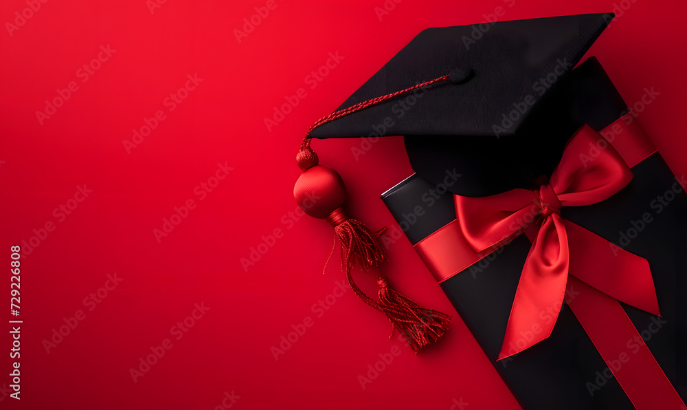 Wall mural Top view of diploma with beautiful bow and graduation cap with tassel on red background - Wall murals