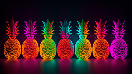A Group of Neon Colored Pineapples Sitting Together. Black background, wallpaper.