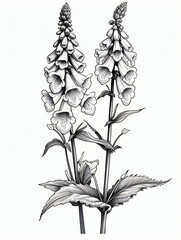 Black and white style line drawing foxglove flowers - obrazy, fototapety, plakaty