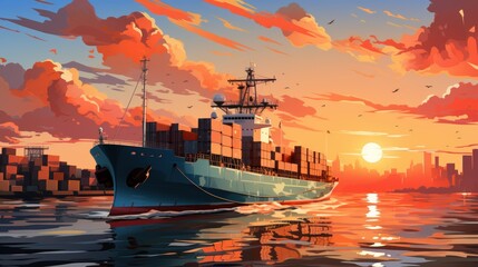 Cargo ship in sea or ocean. Freight transportation concept. Cargo Ship illustration banner with copy space. Logistics and transportation concept. Cargo ship. Freight transportation
