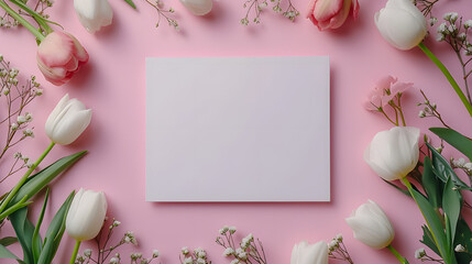 Rectangular blank white empty paper board in romantic mockup for advertising invitation message, space for text, minimalistic, love wedding flowery note concept