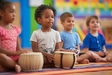 preschoolers with bongos, sitting crosslegged