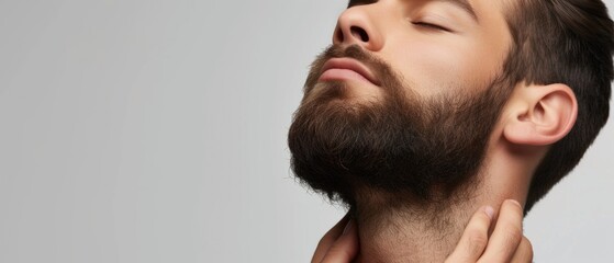 Obraz premium Handsome well groomed bearded man on white background, space for text. Beard style for men, beard care grooming. Barbershop banner template. Male cosmetology and beard health concept